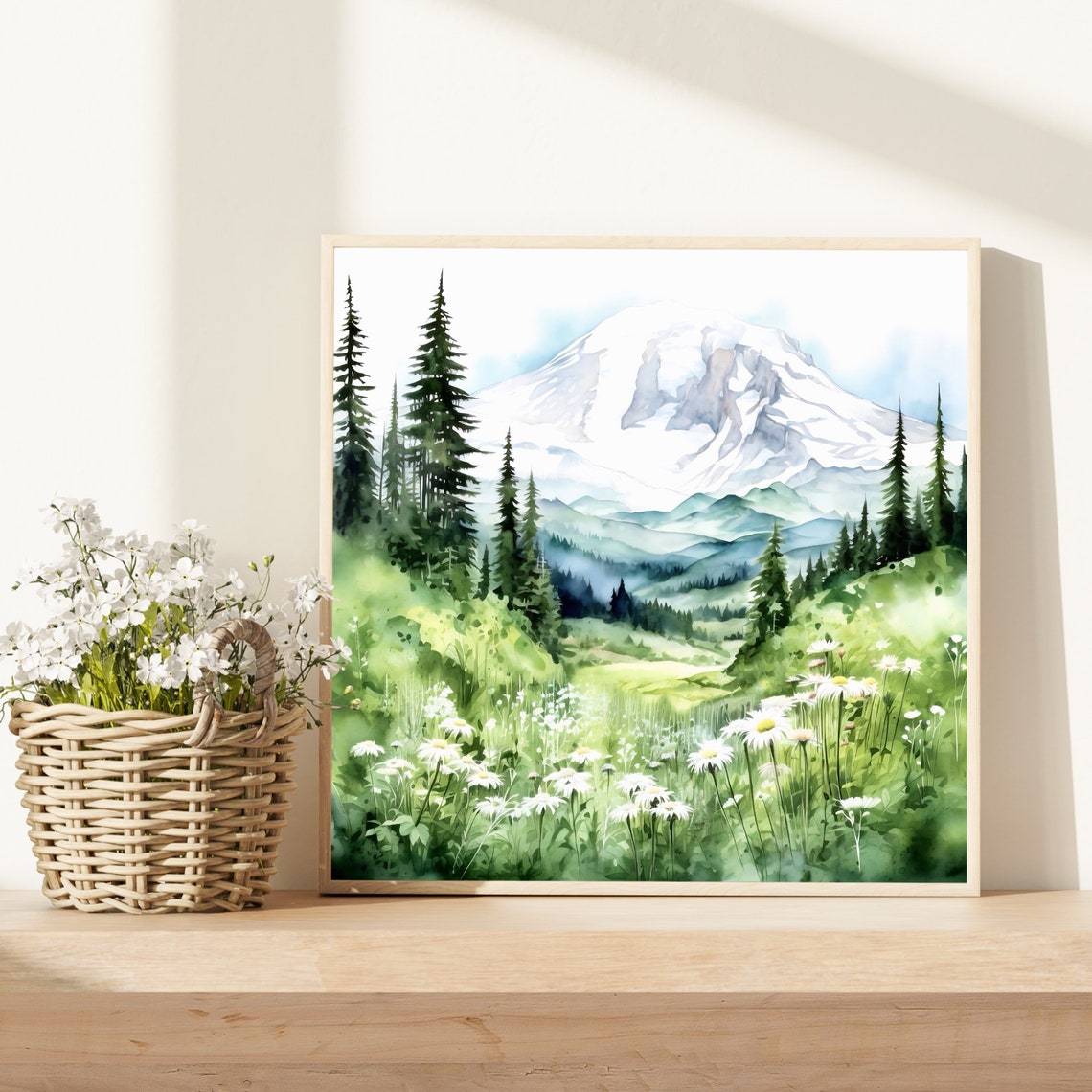 Mount Rainier Snowy Peak Daisy Meadow Evergreen Forest Poster - Image 3