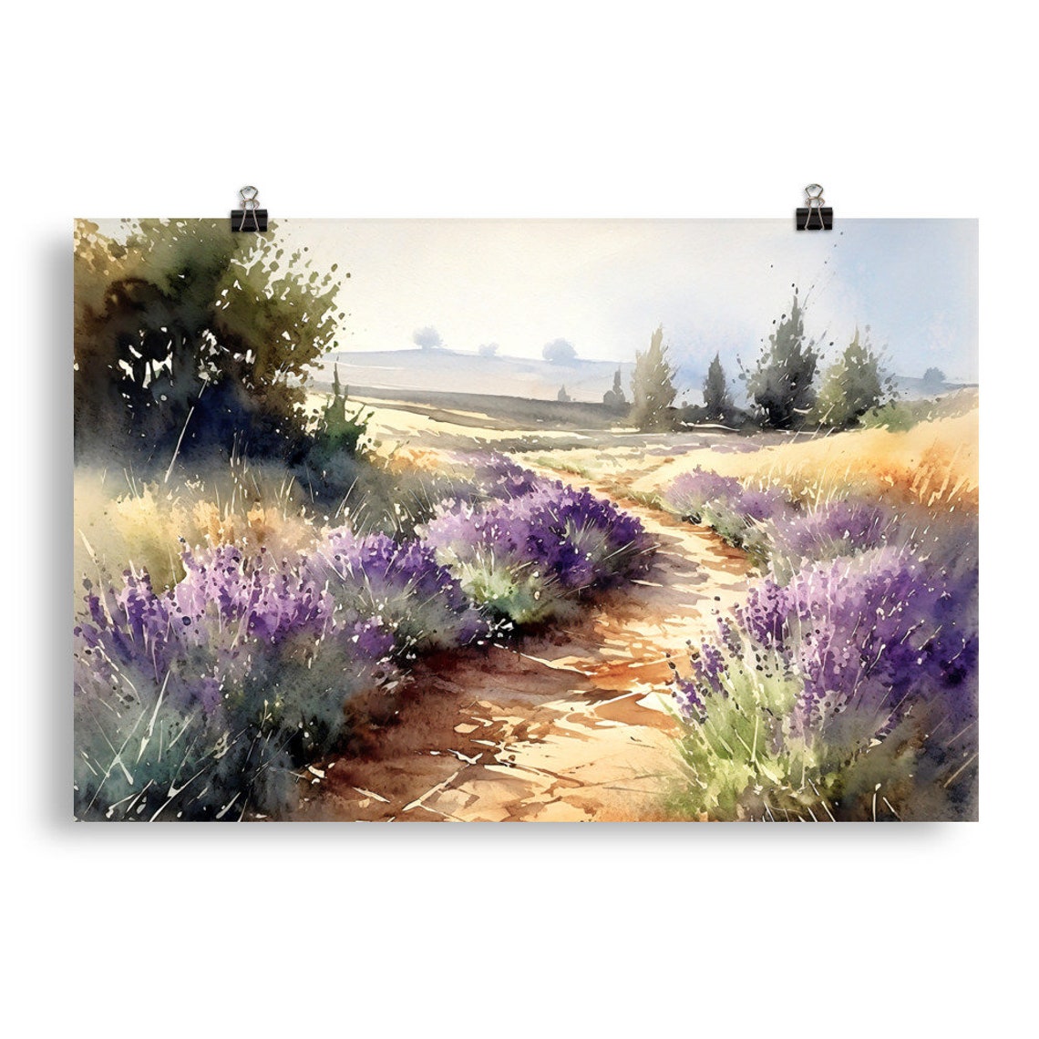 Provence Lavender Path Through Purple Fields Watercolor Poster - Image 5