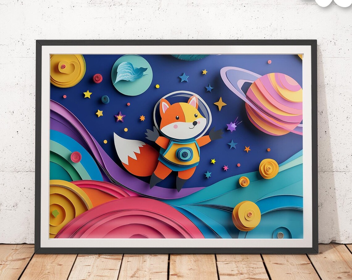 Space Adventure Fox Nursery Art Print, Kids Room Decor