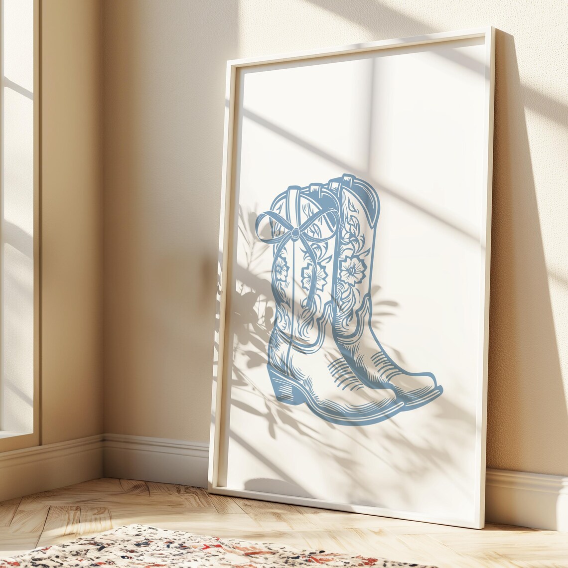 Blue Cowgirl Boots Western Floral Sketch Minimalist Wall Art - Image 4
