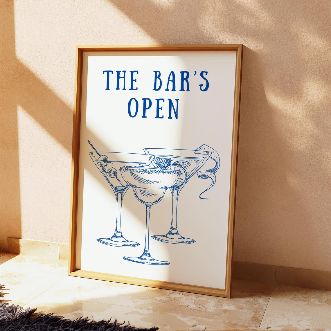 The Bars Open Cocktail Glasses Blue Line Art Kitchen Bar Poster - Image 2