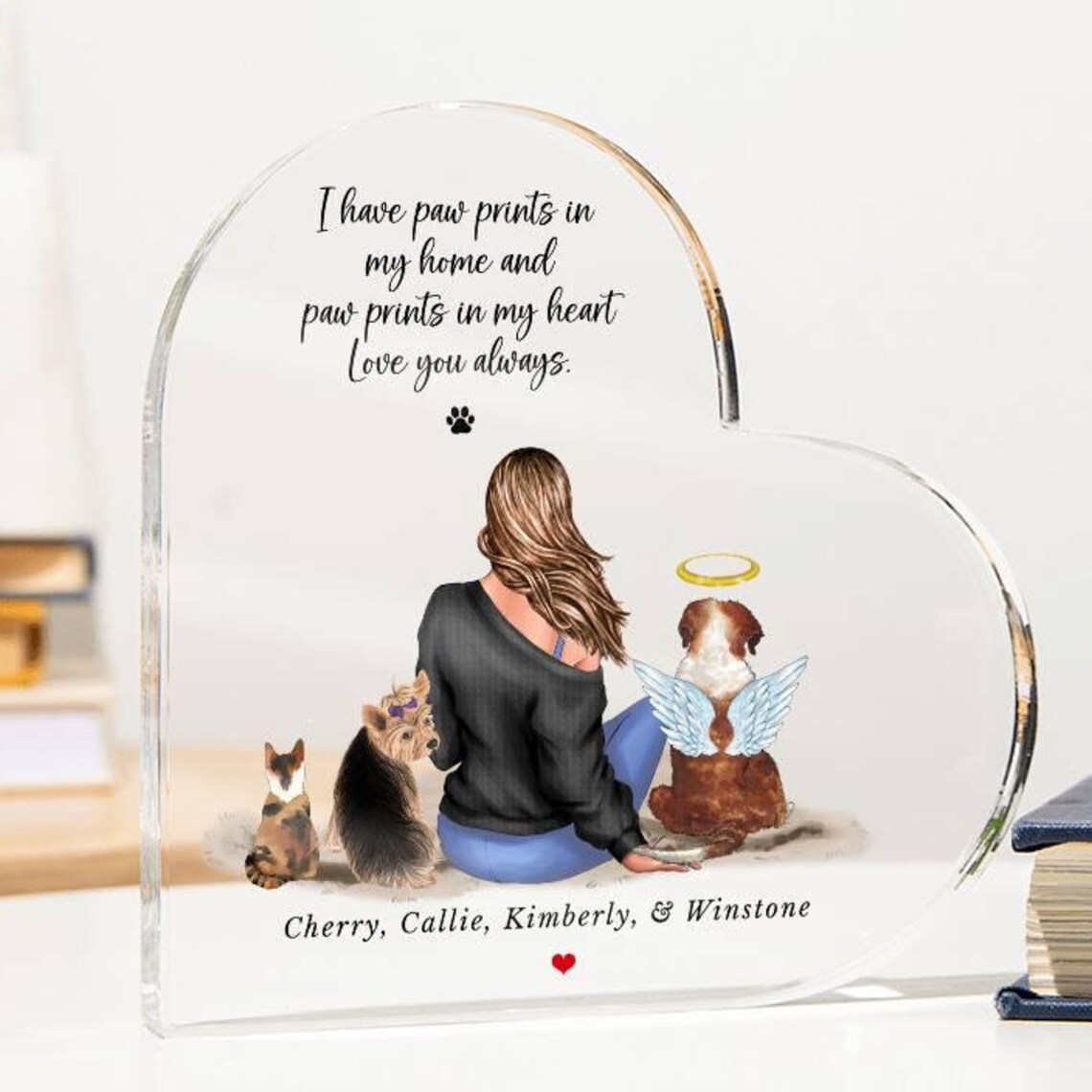 Pet Loss Keepsake Woman With Pets Paw Prints Memorial Heart Print