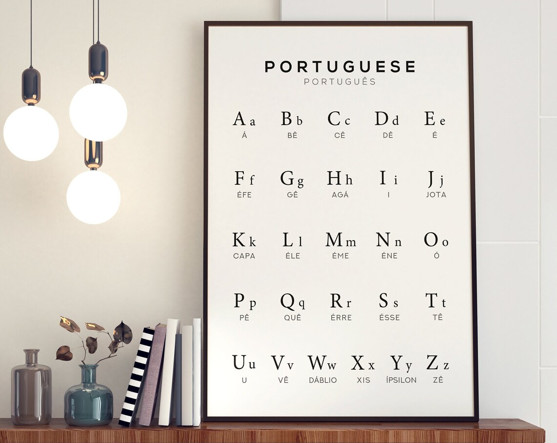 Portuguese Alphabet Chart Black and White Language Learning Decor Poster