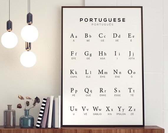 Portuguese Alphabet Chart Black and White Language Learning Decor Poster