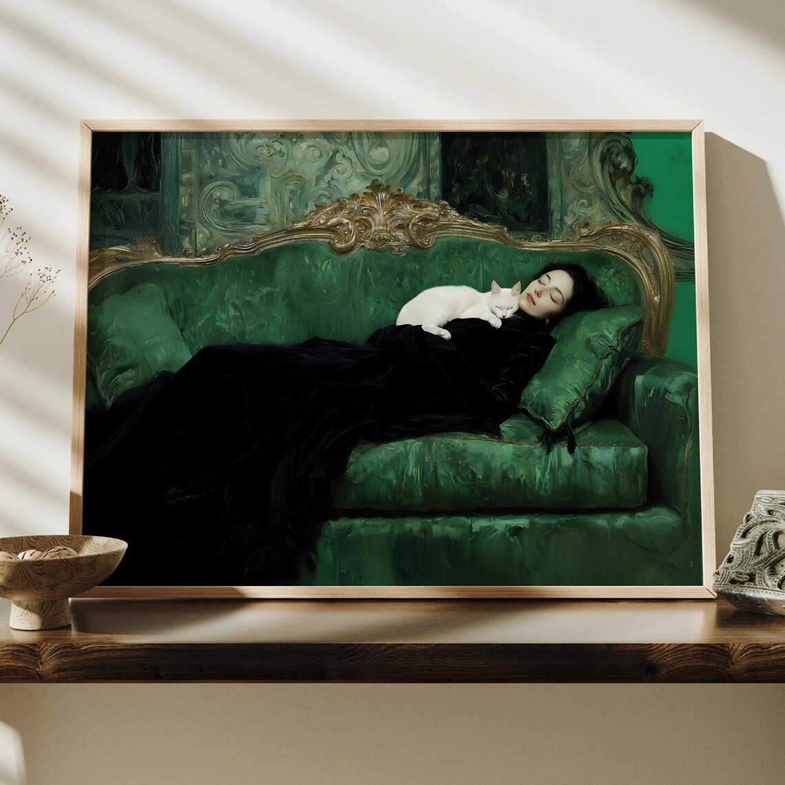 Woman Reclining with White Cat on Ornate Green Couch Art Poster - Image 4