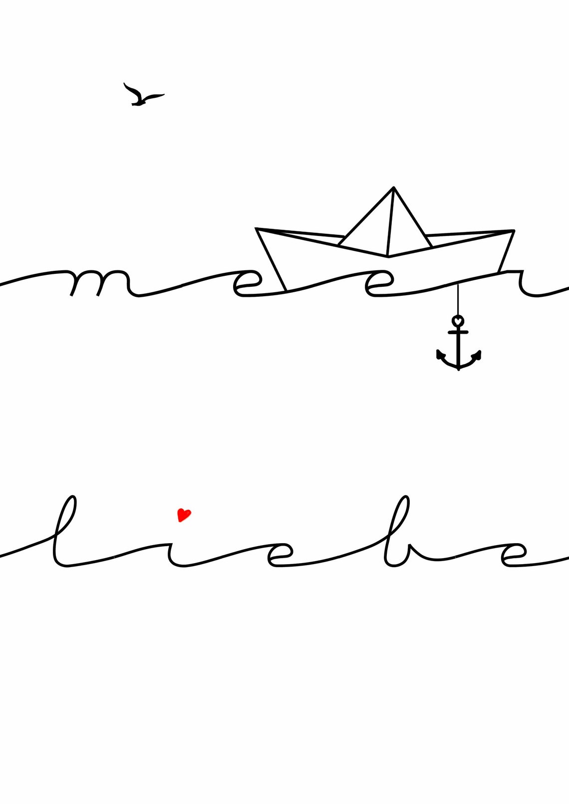 Meer Liebe Paper Boat Minimalist Black Line Nautical Ocean Poster