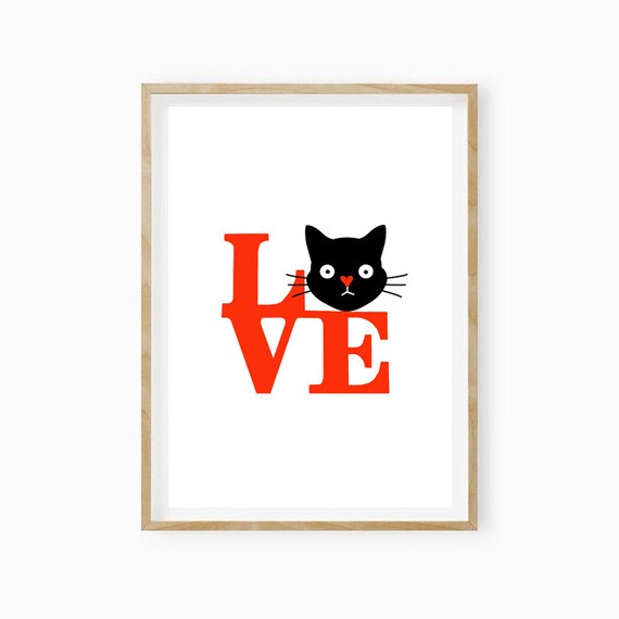 Love Red Typography Black Cat Head Cute Animal Lover Art Poster