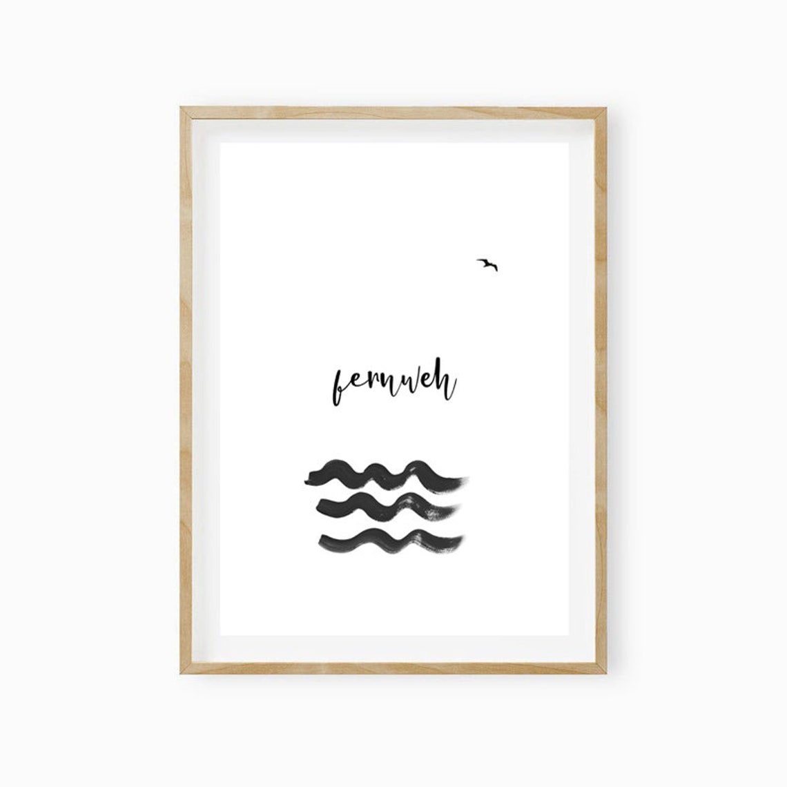 Fernweh Script Ocean Waves Seagull Wanderlust Travel Art Poster