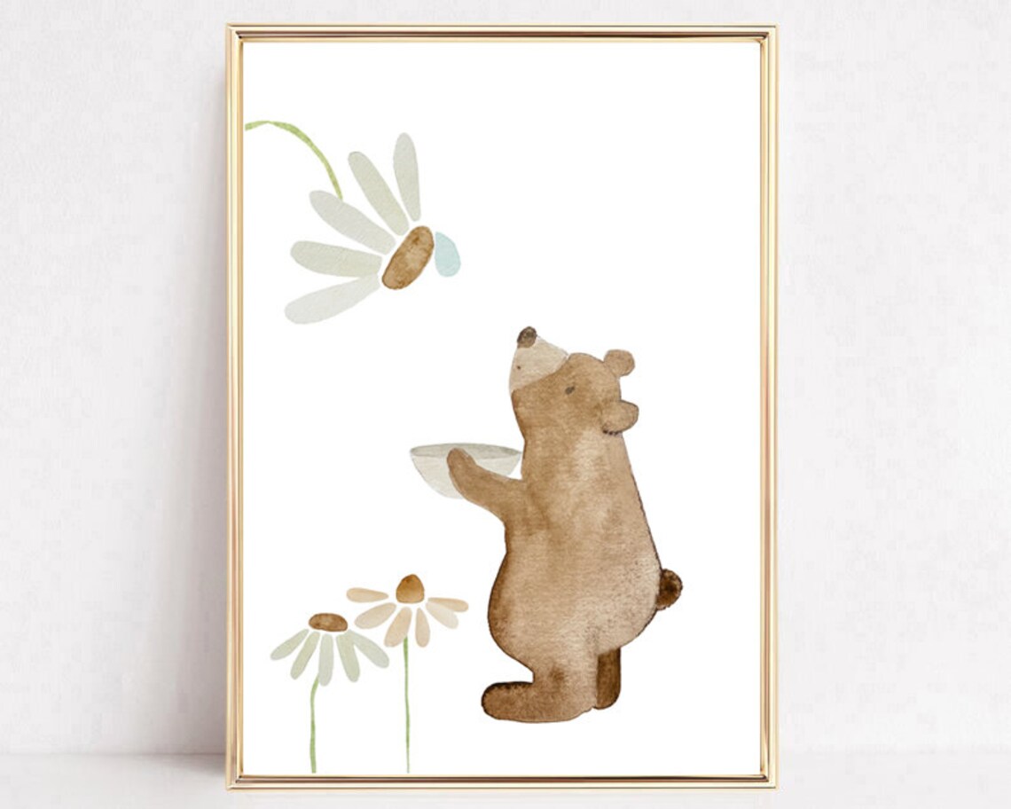 Watercolor Bear Daisies Cute Brown Bear Kids Room Nature Art Poster