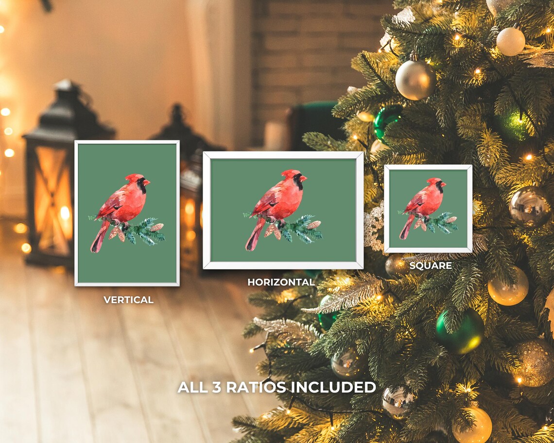 Red Cardinal Bird on Pine Branch Watercolor Winter Nature Green Poster - Image 3