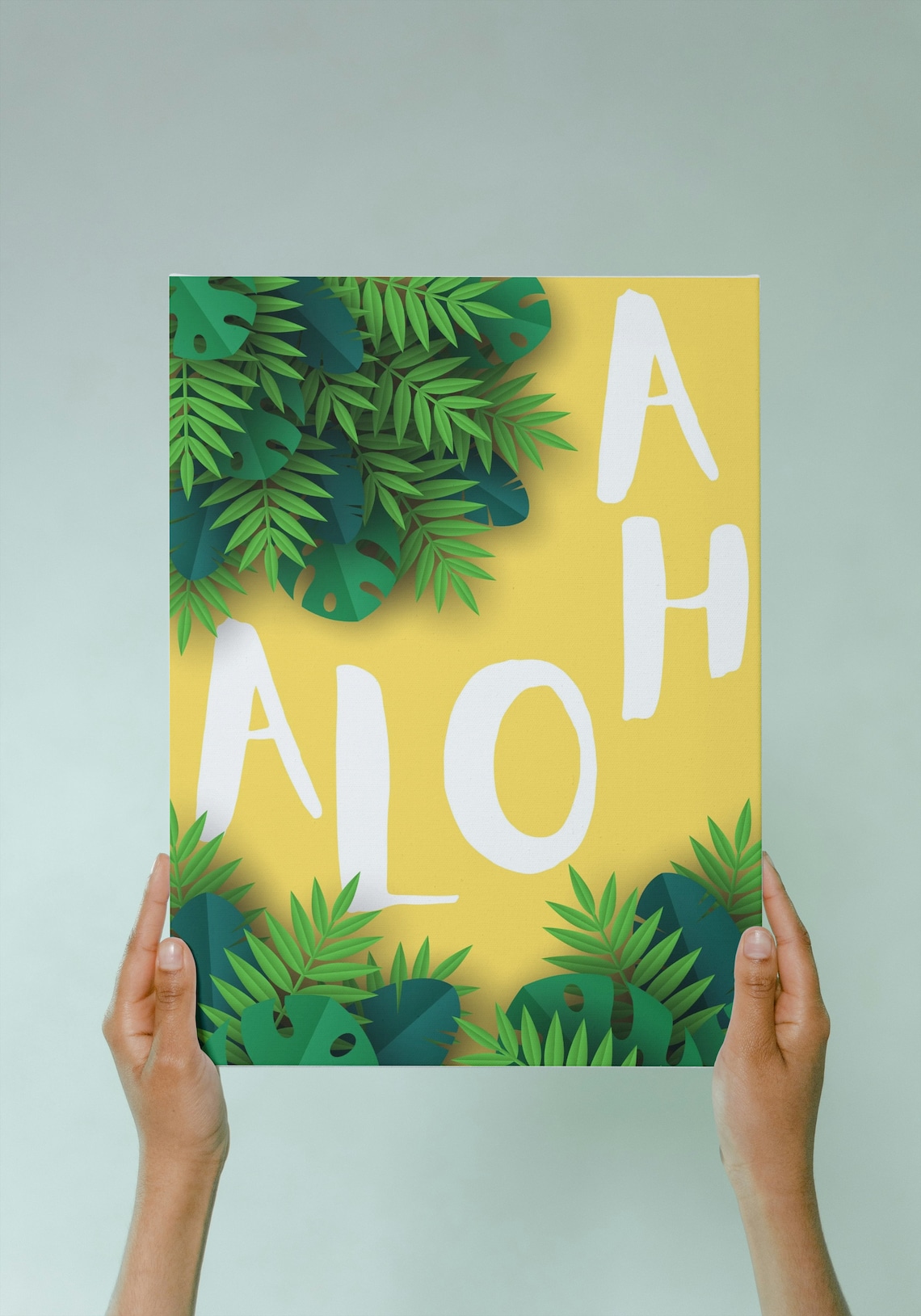Aloha Tropical Leaves Yellow Background Hawaiian Style Quote Poster - Image 2