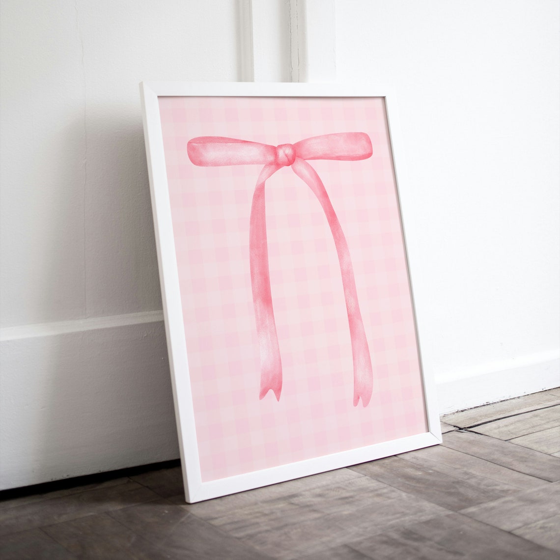 Pink Gingham Ribbon Bow Watercolor Preppy Nursery Wall Poster