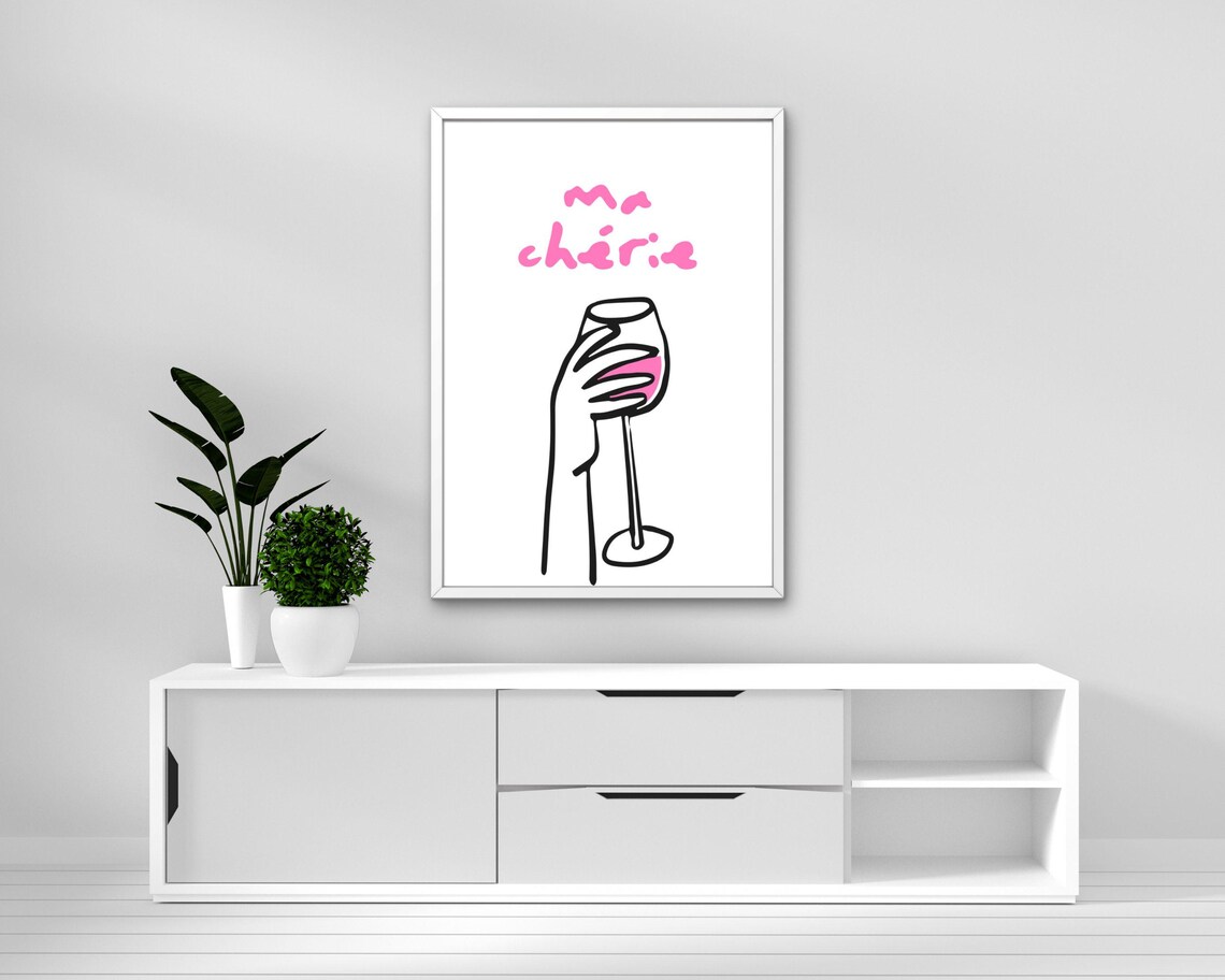Ma Cherie Pink Wine Glass Line Art Poster French Bar Decor Quirky Art - Image 2
