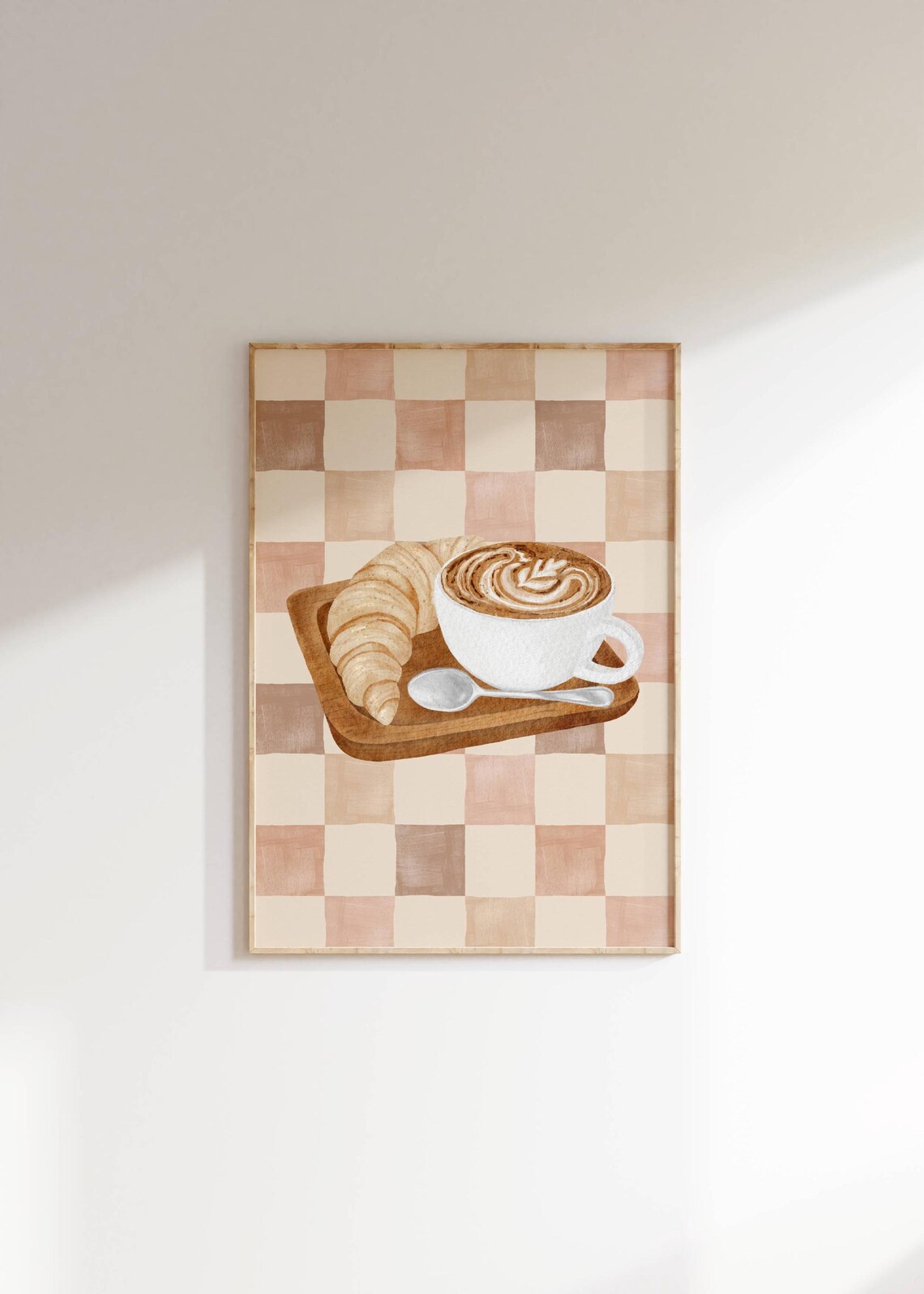 Croissant And Cappuccino Watercolor Print Cozy Cafe Breakfast Decor
