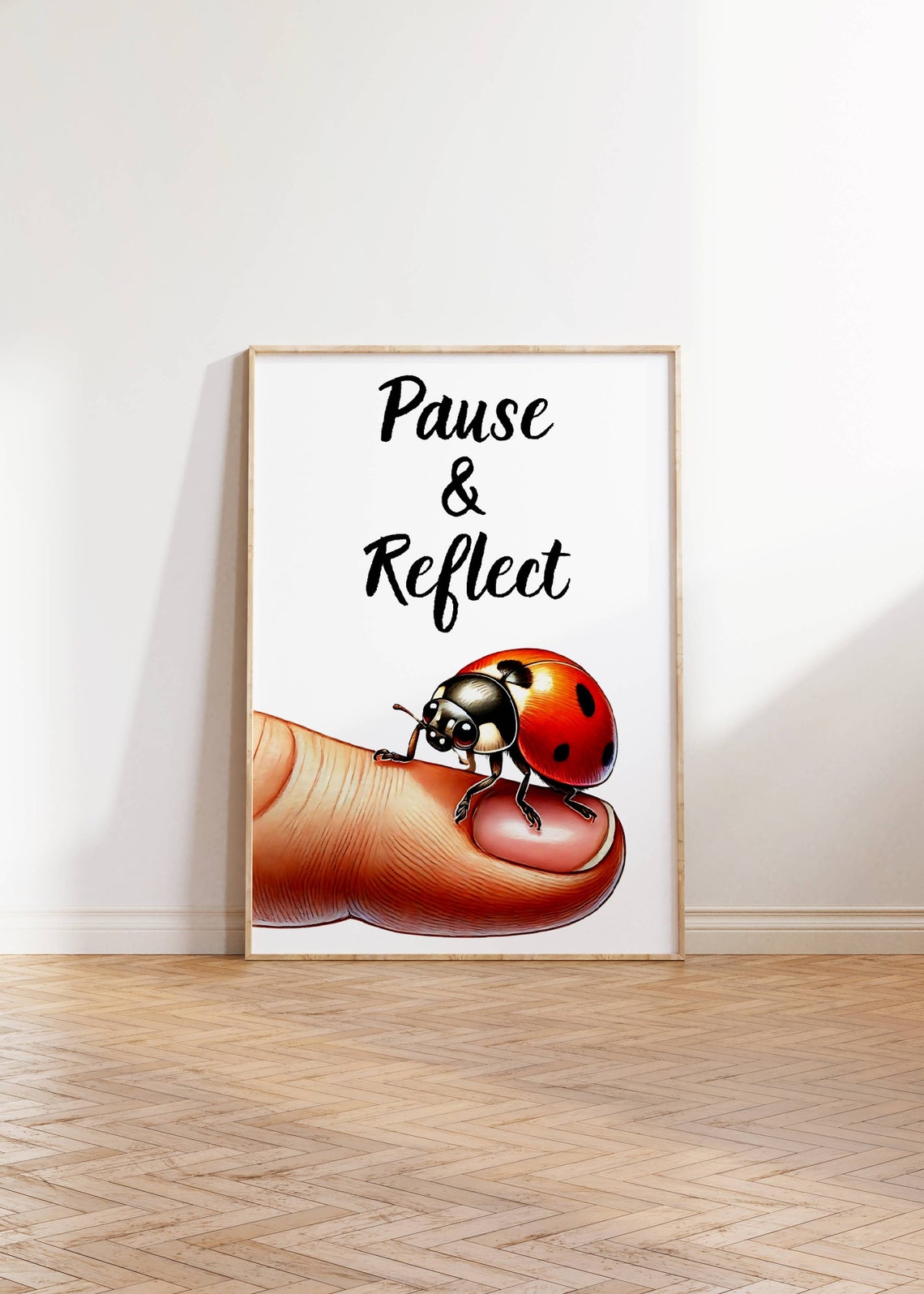 Pause And Reflect Cute Ladybug On Fingertip Nursery Wall Poster