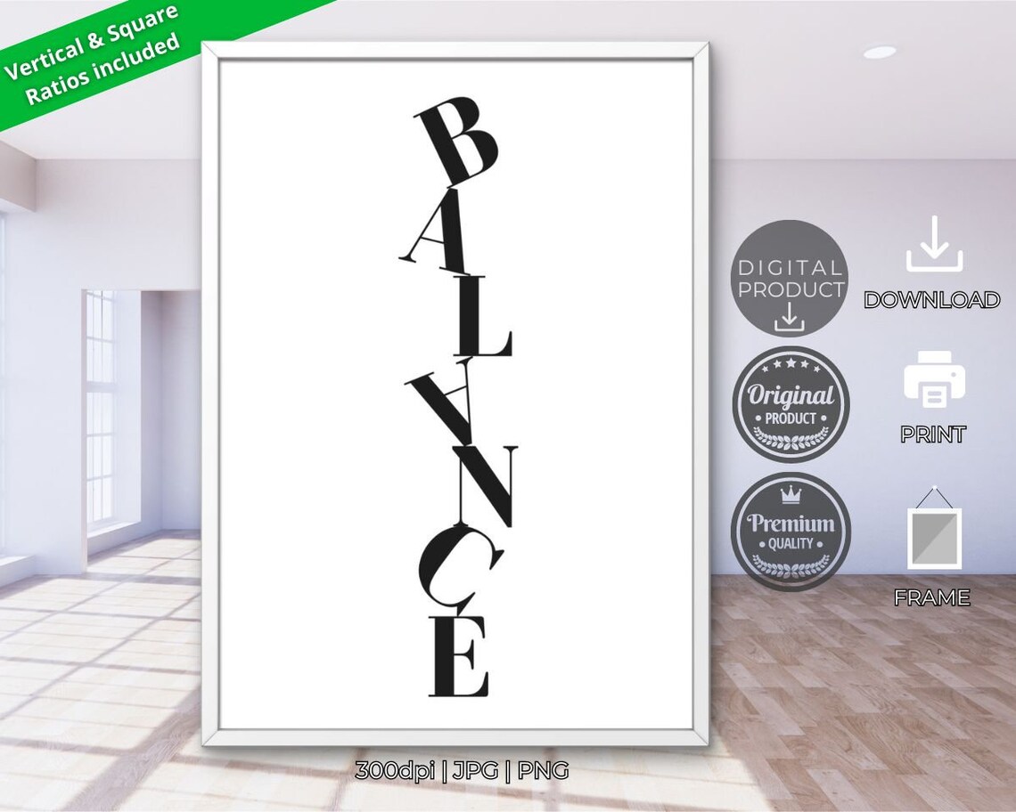 Balance Wavy Vertical Typography Black White Minimalist Motivational Art Poster