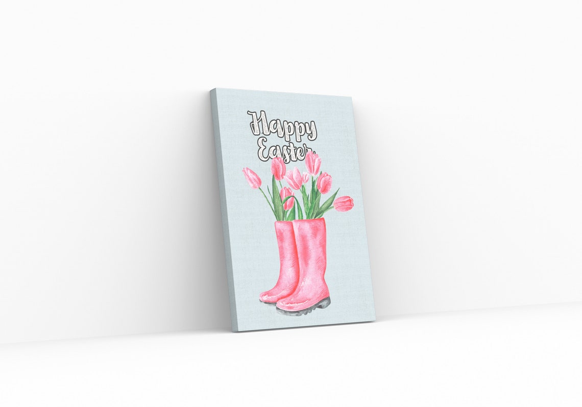 Happy Easter Pink Rain Boots Tulips Watercolor Spring Wall Poster - Image 3