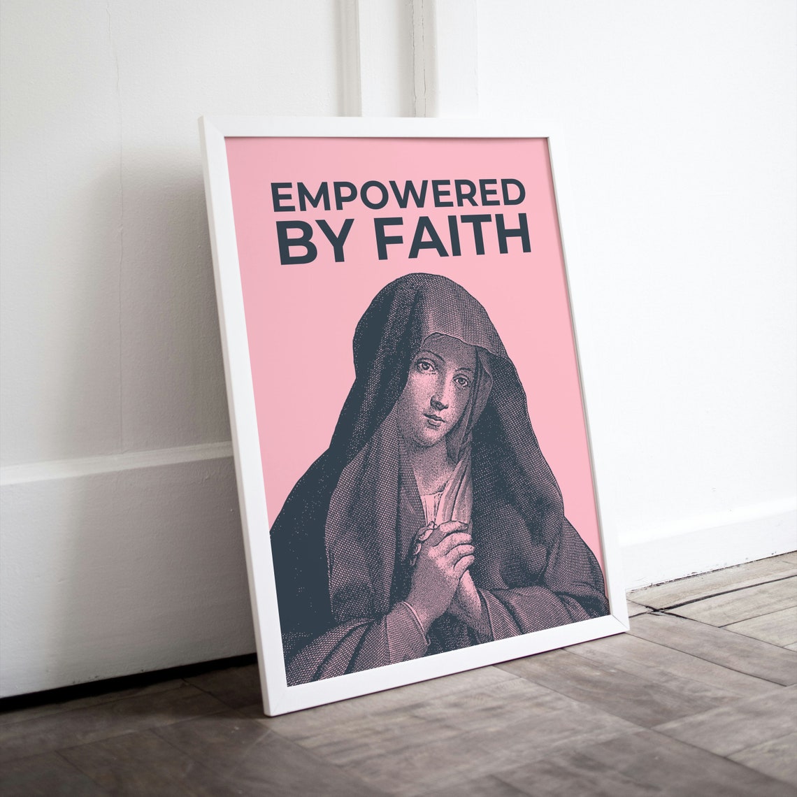 Empowered by Faith Virgin Mary Vintage Engraving Pink Christian Poster
