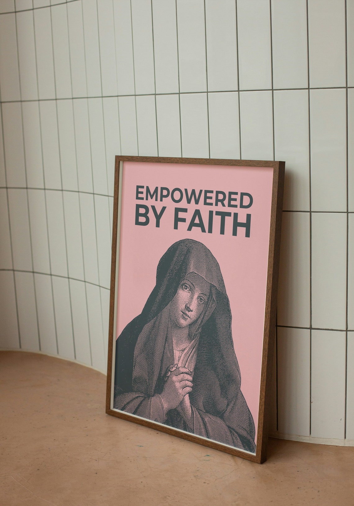Empowered by Faith Virgin Mary Vintage Engraving Pink Christian Poster - Image 2