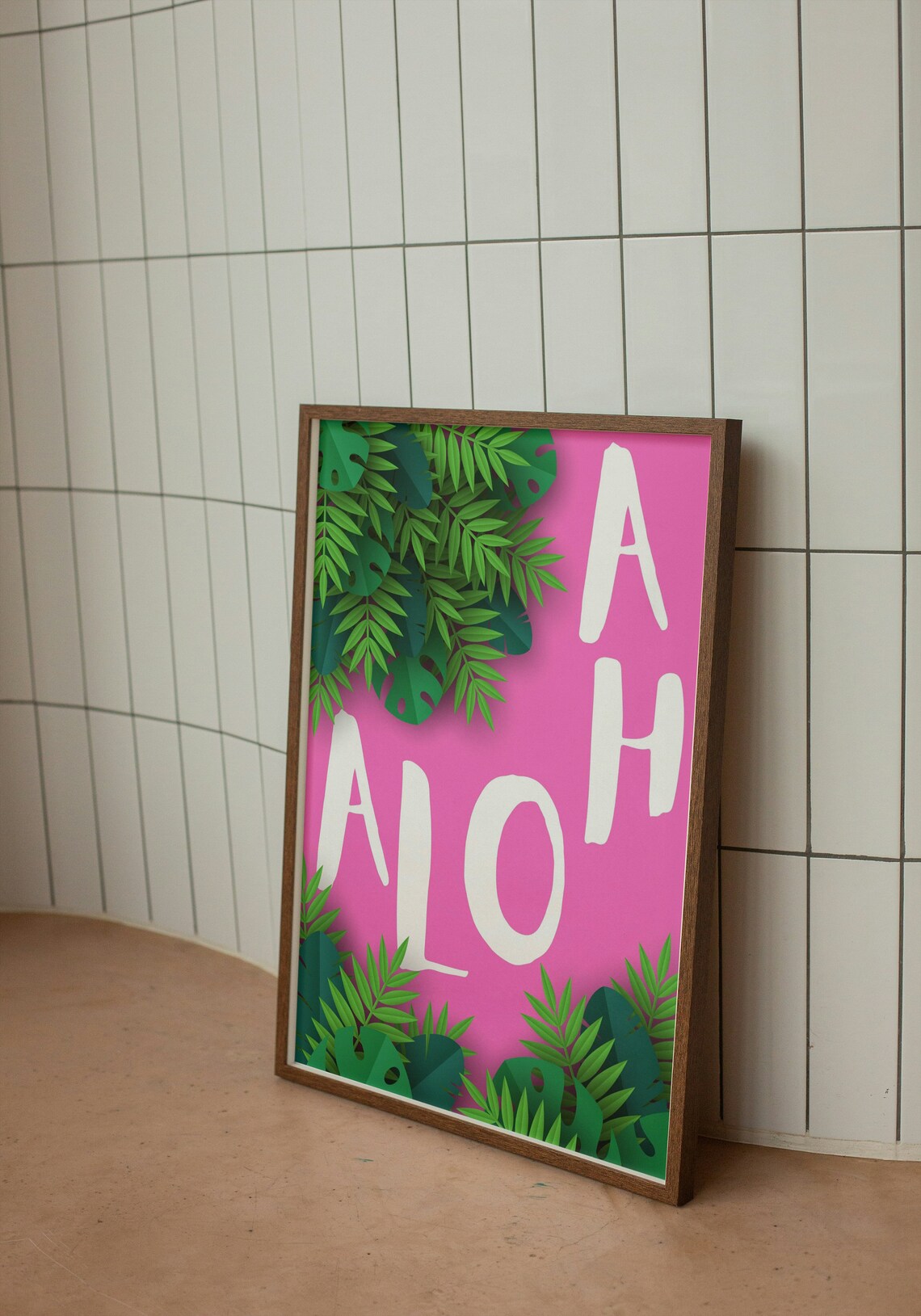 Aloha Tropical Leaves Pink Background Hawaiian Style Quote Poster - Image 2