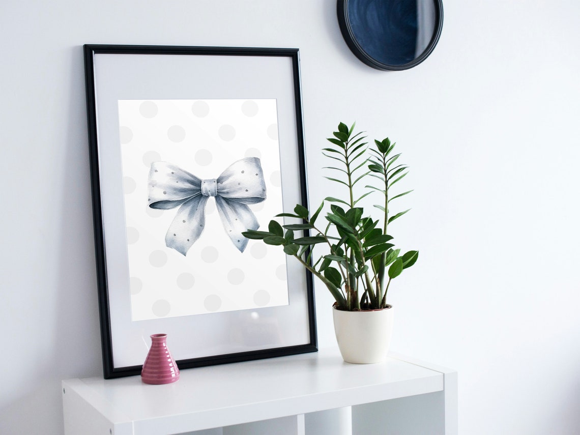 Watercolor Grey Bow Polka Dot Preppy Cute Nursery Wall Poster - Image 2