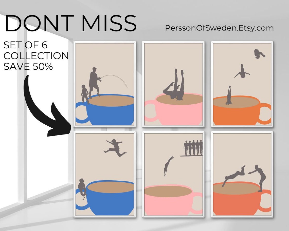 Diver Plunging Into Pink Coffee Cup Retro Minimalist Art Poster - Image 3