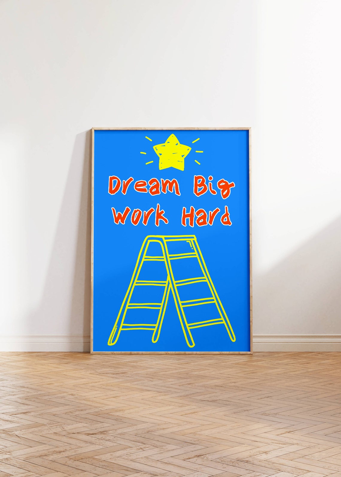 Dream Big Work Hard Yellow Star Ladder Blue Kids Wall Poster - Image 3