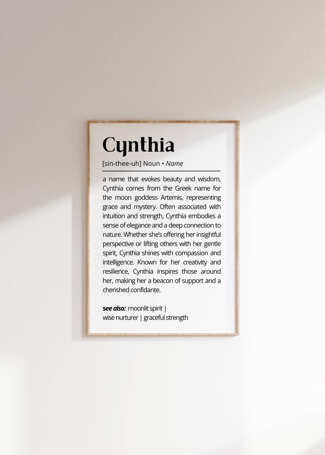 Cynthia Name Definition Elegant Personalized Grace Wisdom Print