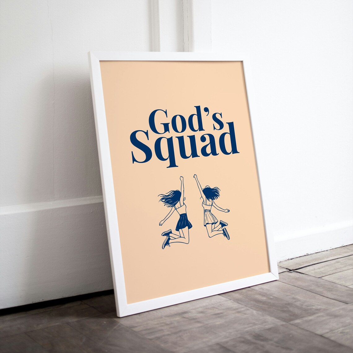 God Squad Navy Typographic Jumping Girls Christian Faith Wall Art