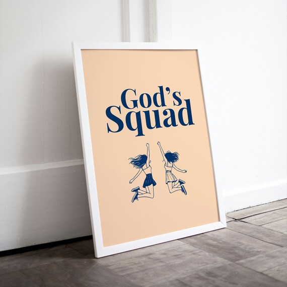 God Squad Navy Typographic Jumping Girls Christian Faith Wall Art