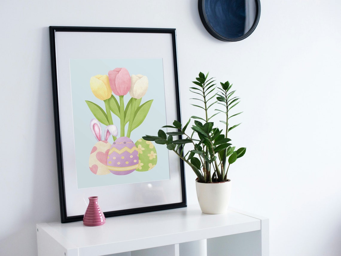 Watercolor Easter Eggs Cute Bunny Ears Tulips Spring Wall Poster - Image 2