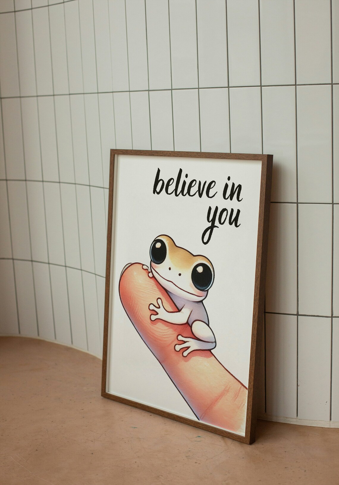Believe In You Cute Baby Frog On Fingertip Confidence Quote Poster - Image 2