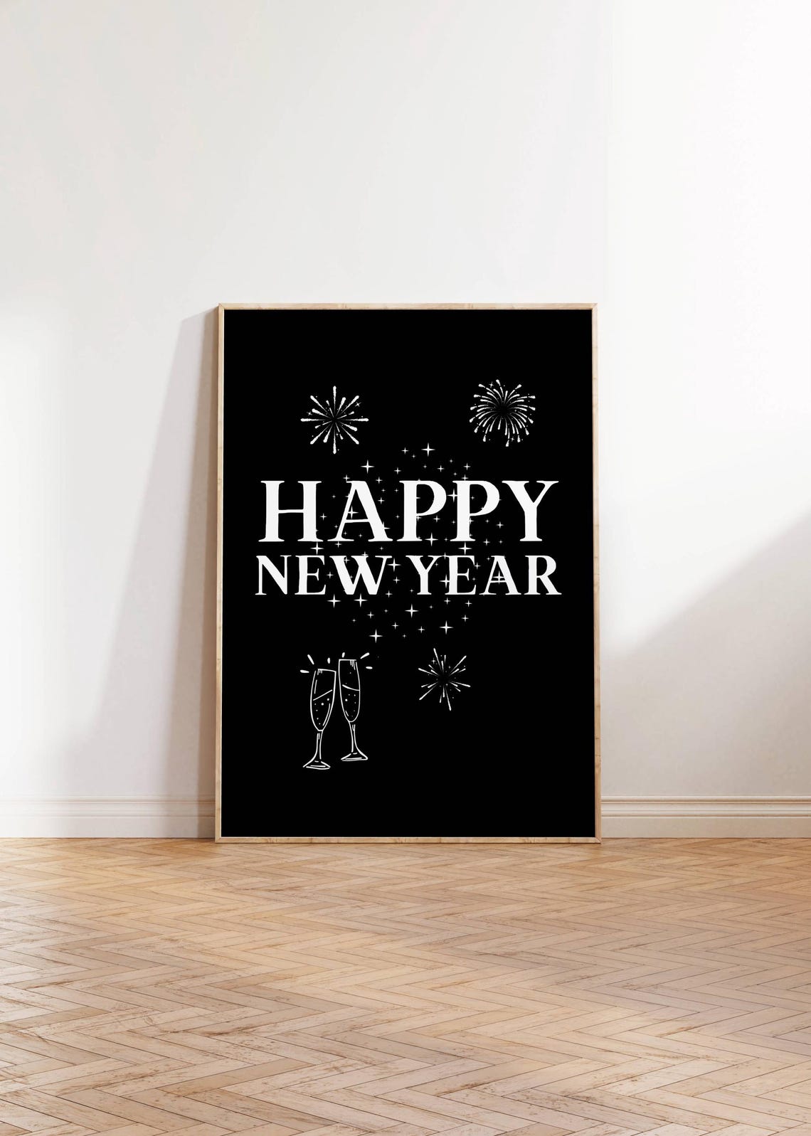 Happy New Year Champagne Fireworks Black White Modern Party Poster - Image 4