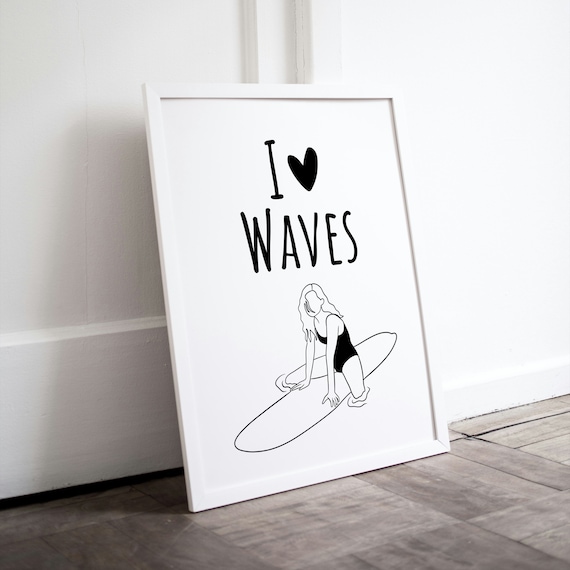 I Love Waves Surfer Girl Line Drawing Surf Wall Decor Poster