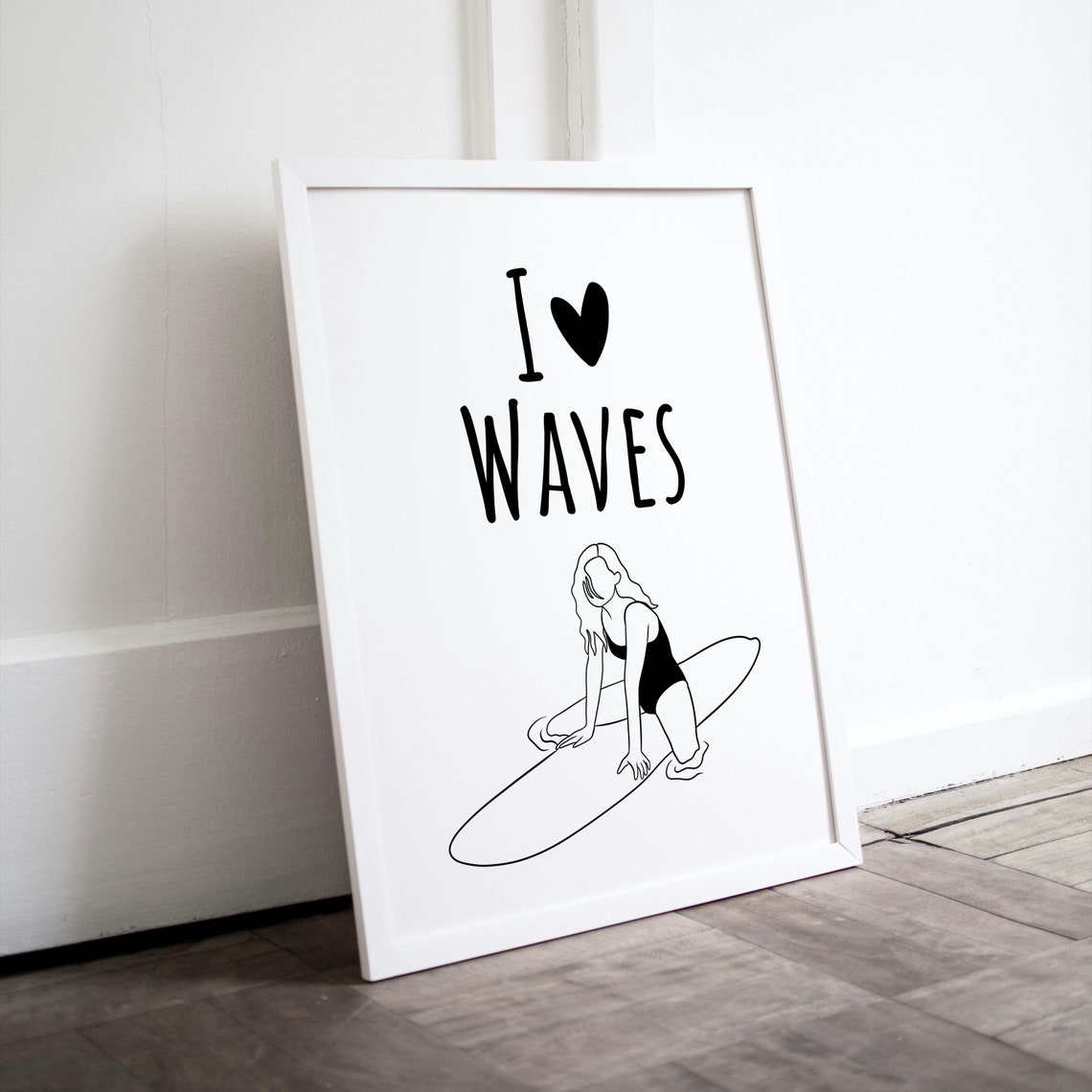 I Love Waves Surfer Girl Line Drawing Surf Wall Decor Poster