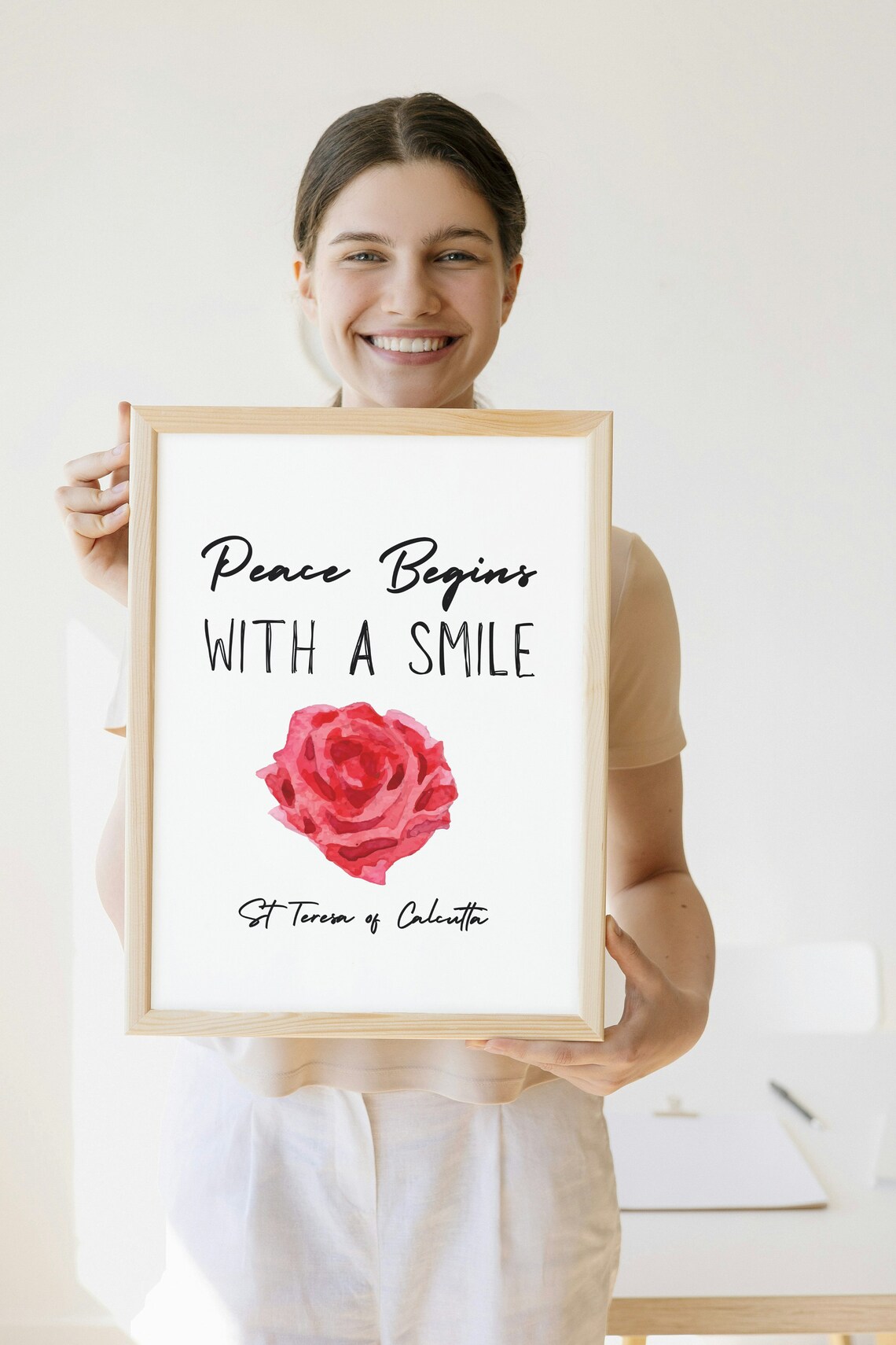 Peace Begins With A Smile St Teresa Calcutta Quote Rose Watercolor Poster - Image 2