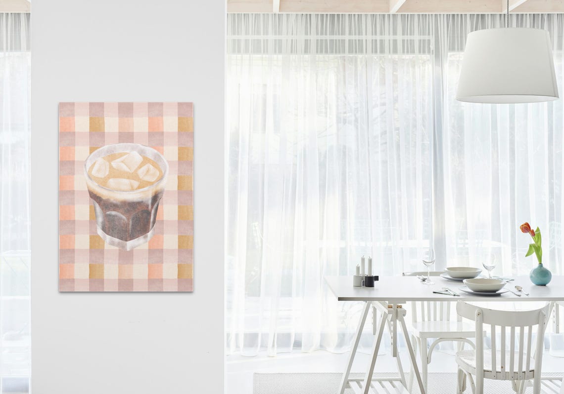 Iced Coffee Glass Watercolor Print Pastel Checkerboard Kitchen Decor - Image 2