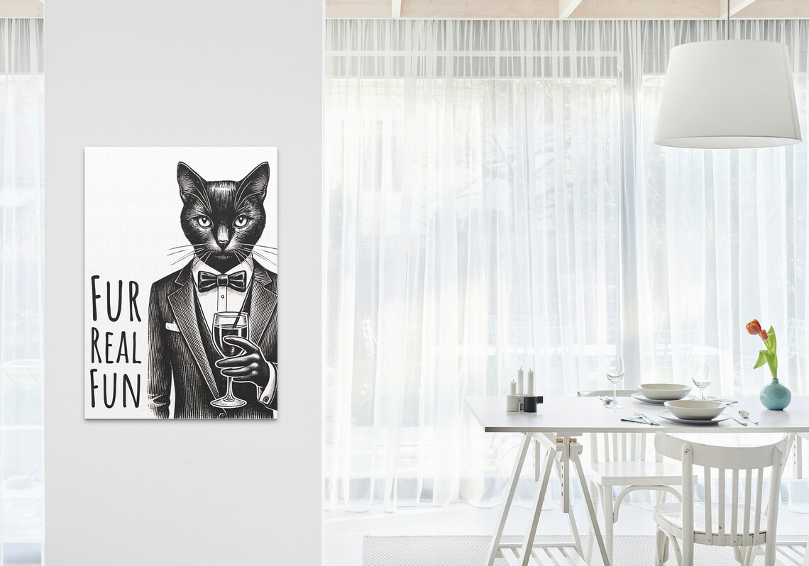Fur Real Fun Black Cat Tuxedo Wine Glass Funny Pun Animal Poster - Image 3