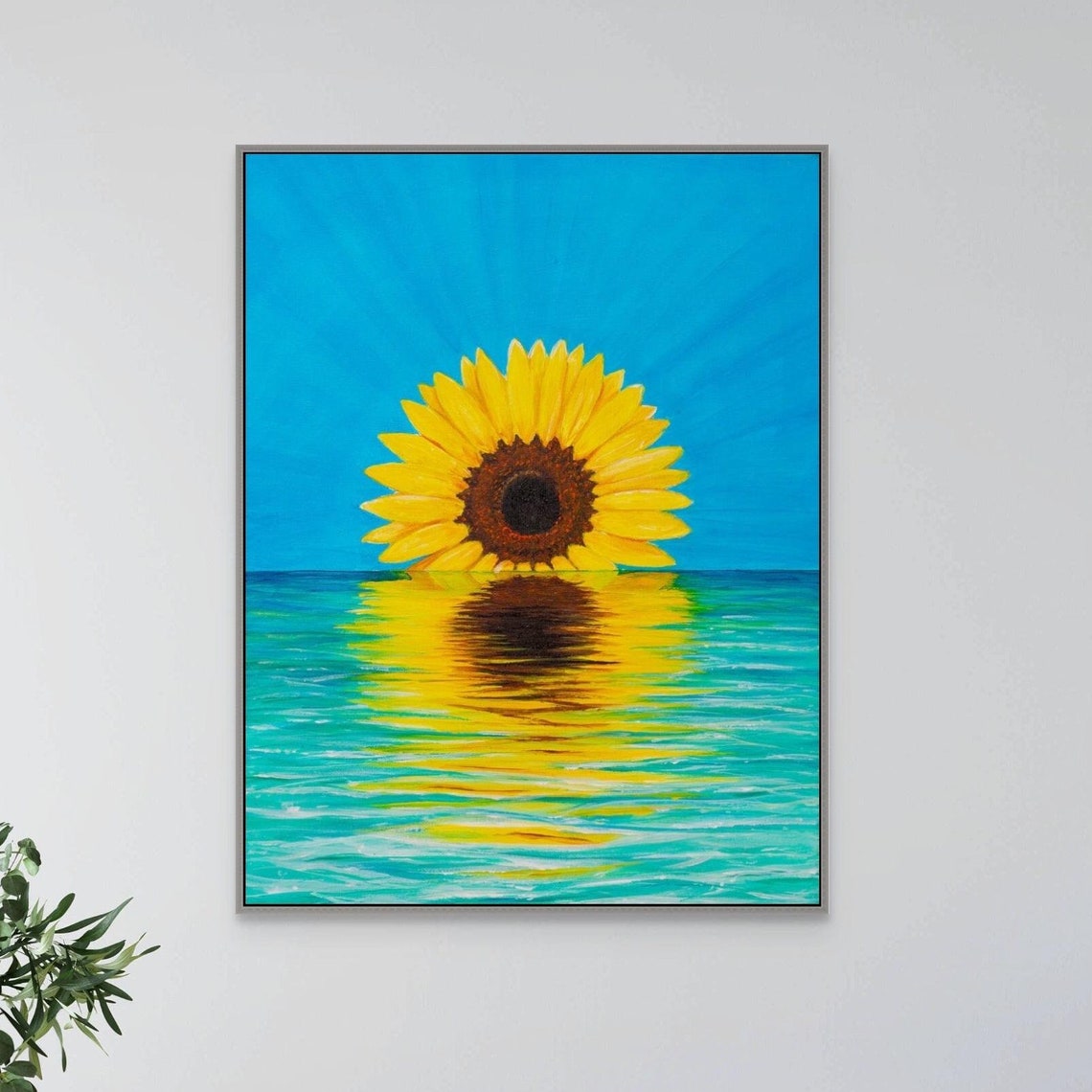 Sunflower Rising Over Water Painting Yellow Bloom Turquoise Sea Poster - Image 2