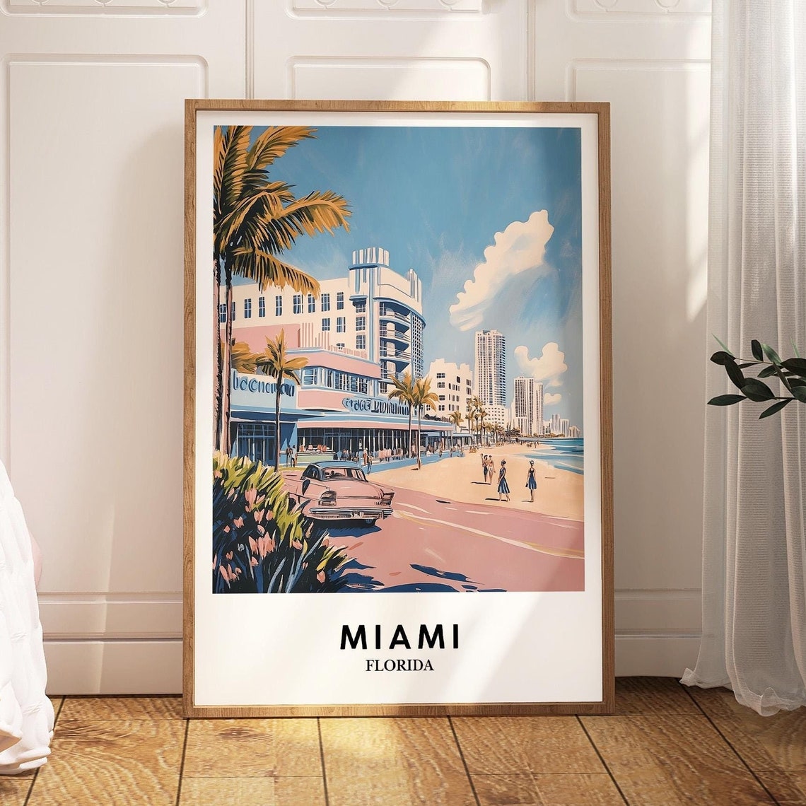 Miami Beach Art Deco Poster Florida Retro Hotel Vintage Car Palm Scene