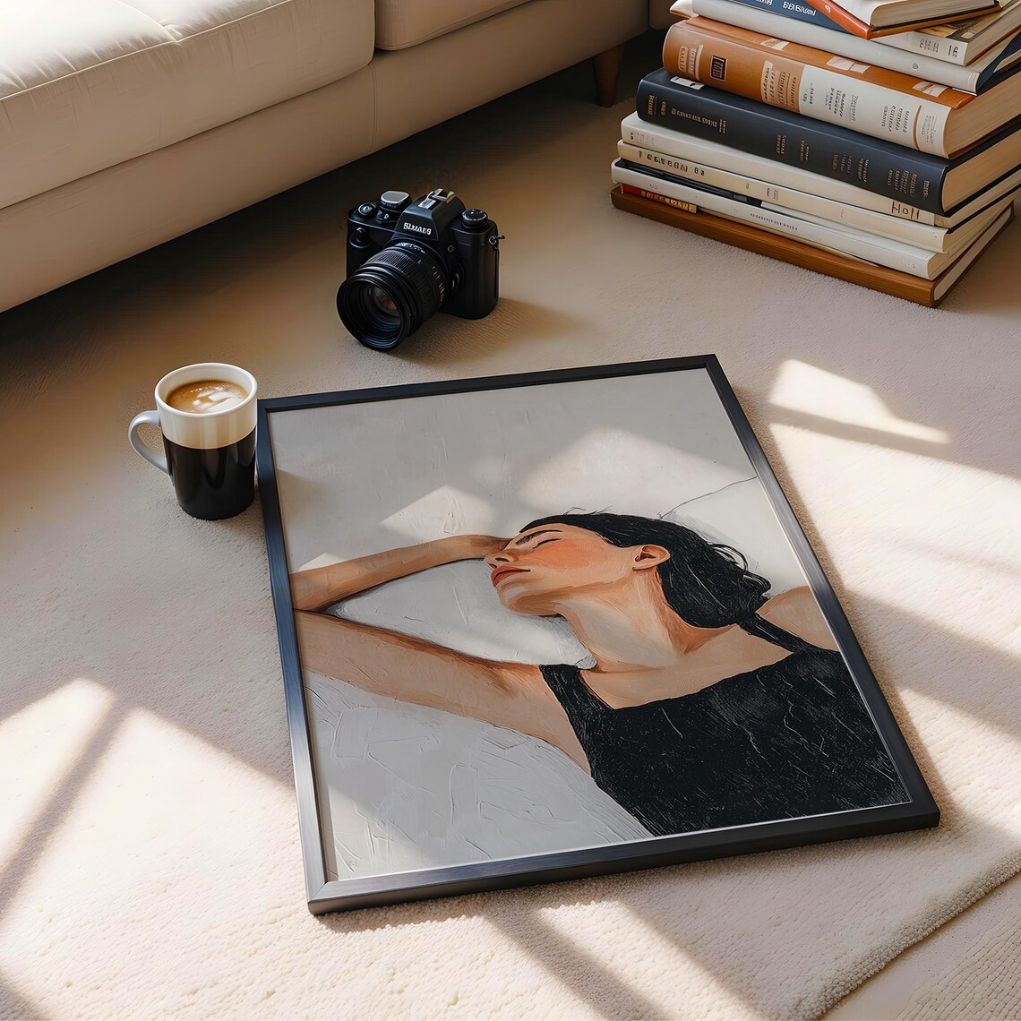 Sleeping Woman In Black Dress Arm Raised Soft Neutral Minimalist Oil Style Art Poster - Image 5