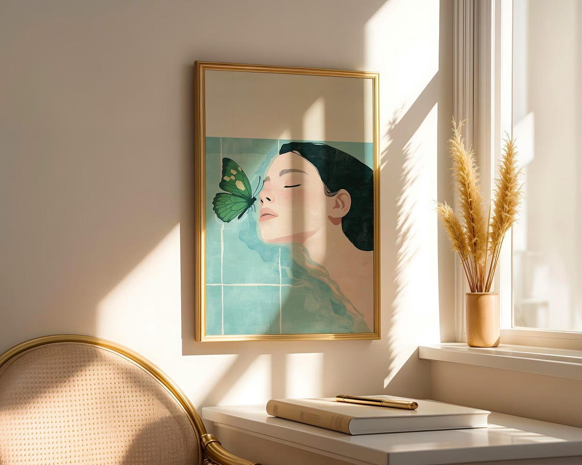 Abstract People Large Wall Art Woman Butterfly Light Bleu Minimalist Print Elegant For Cosy Home Decoration - Image 2