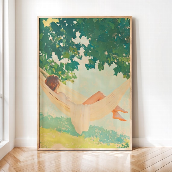 Woman Relaxing in Hammock Under Green Trees Summer Art Poster
