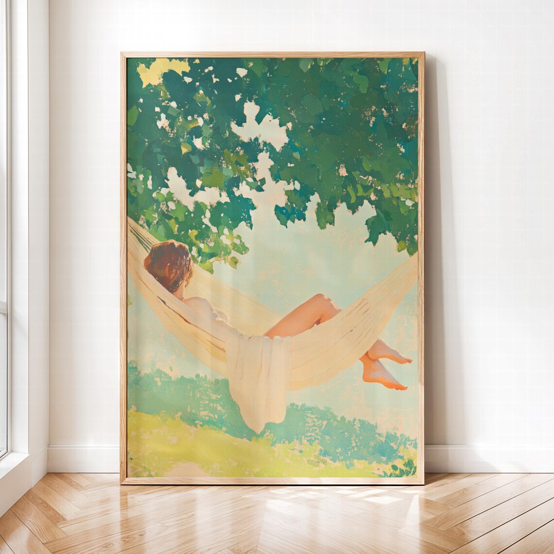 Woman Relaxing in Hammock Under Green Trees Summer Art Poster