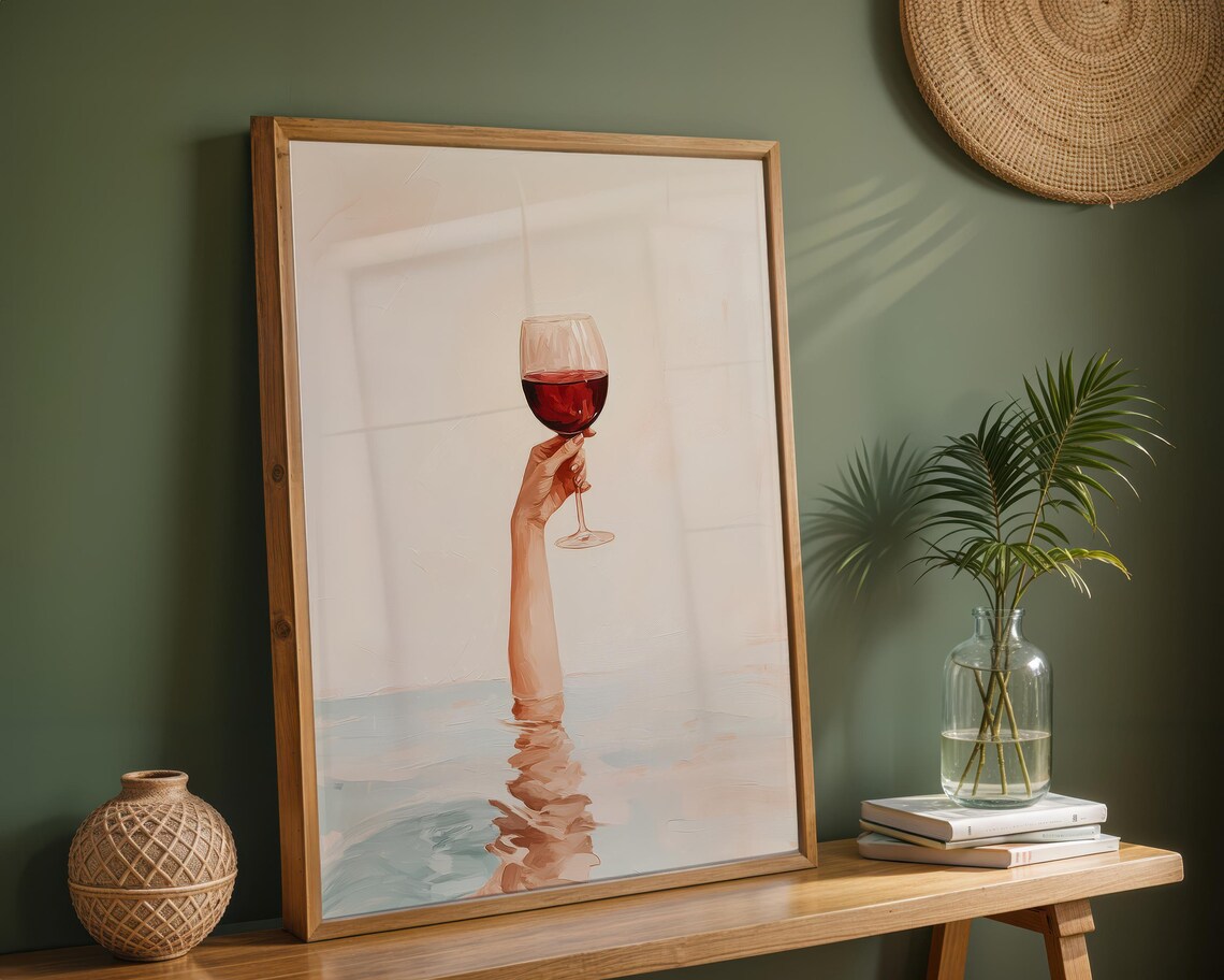 Hand Holding Red Wine Glass Rising from Calm Water Art Poster - Image 3