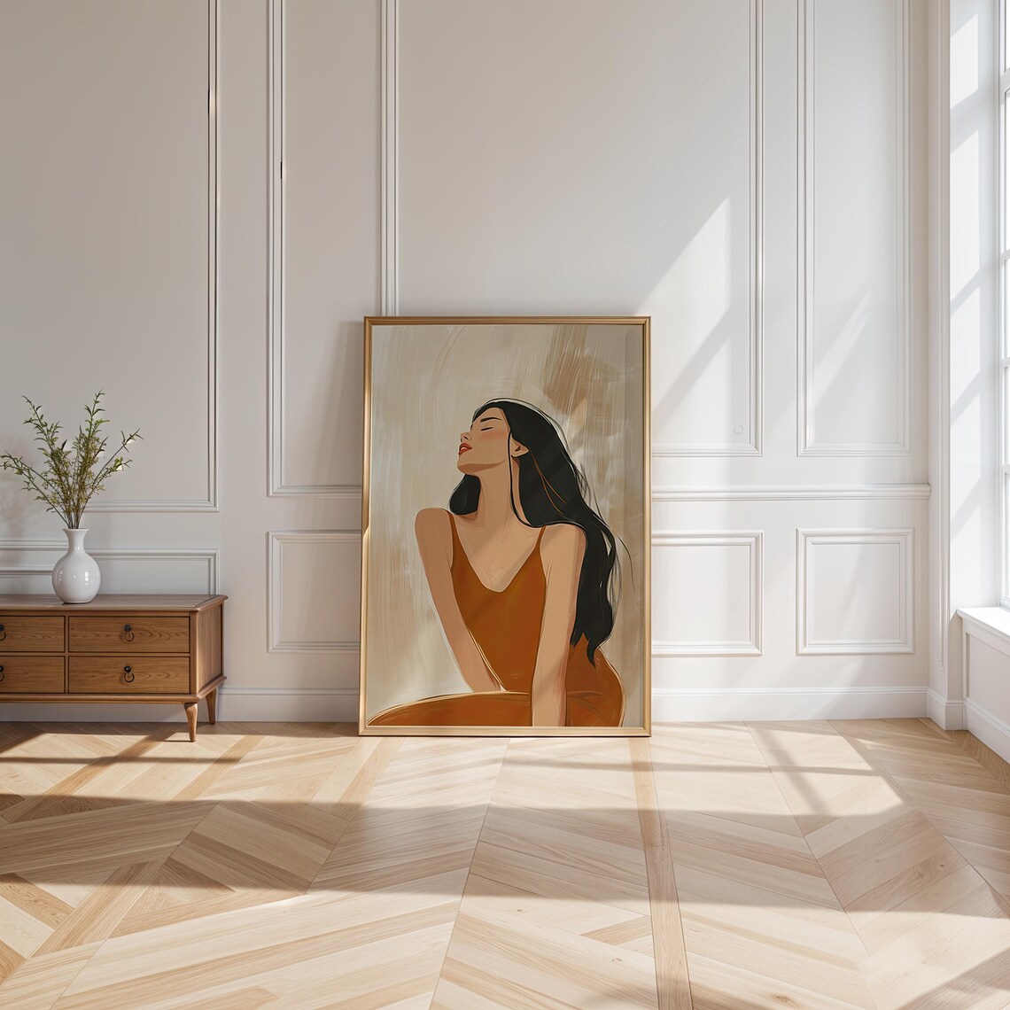 Woman In Brick Red Dress Eyes Closed Minimalist Elegant Contemporary Portrait Poster - Image 4