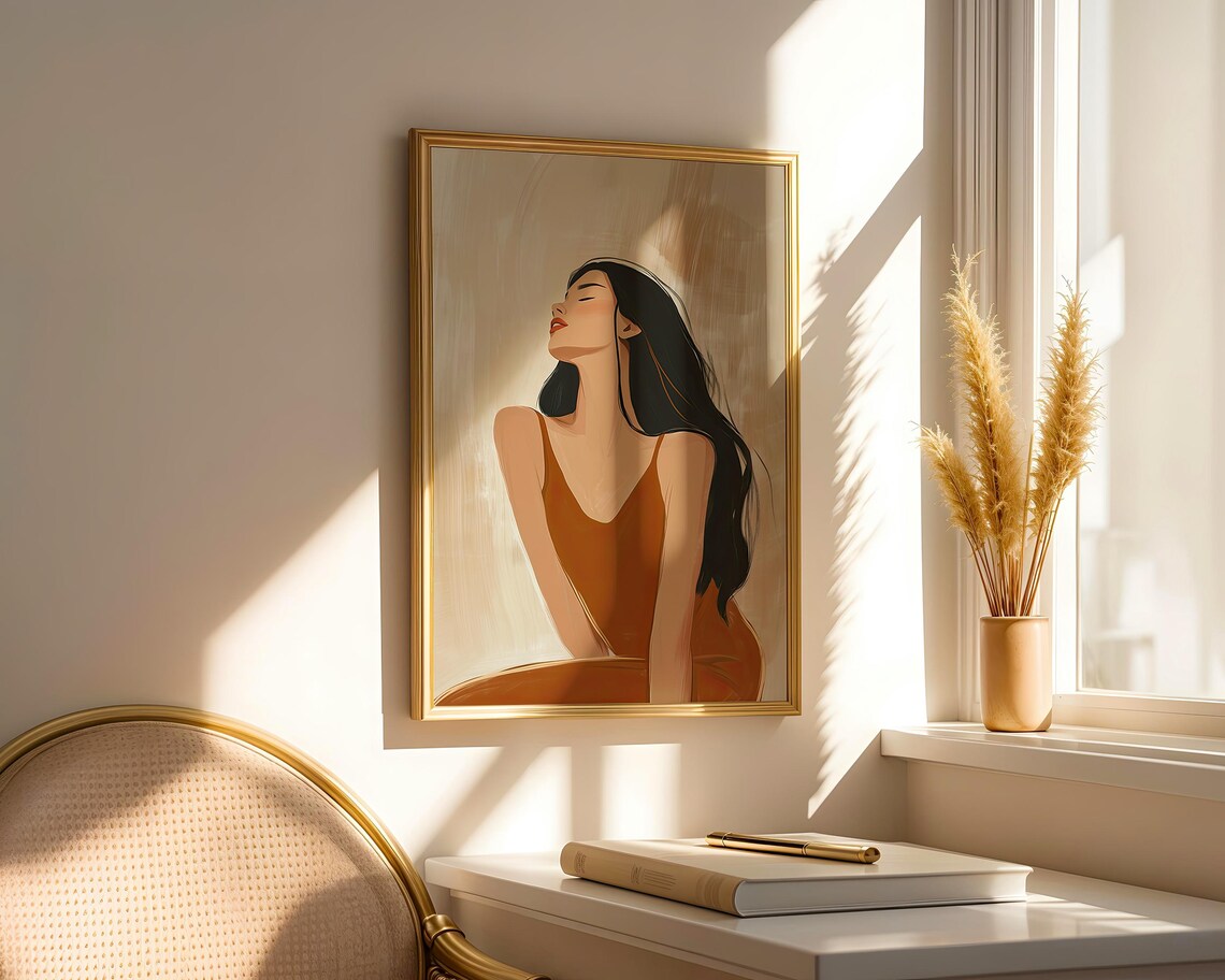 Woman In Brick Red Dress Eyes Closed Minimalist Elegant Contemporary Portrait Poster - Image 2