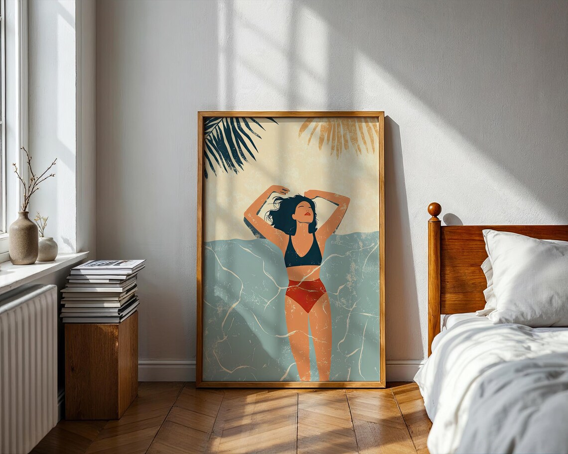 Woman In Bikini Standing In Ocean Water Palm Fronds Minimalist Beach Summer Art Poster - Image 2