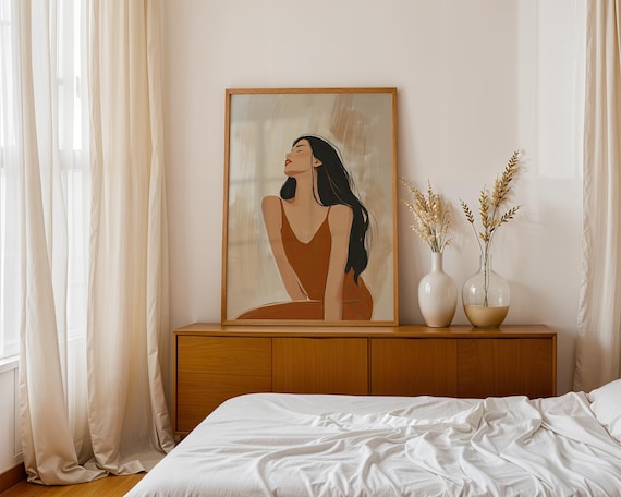 Woman In Brick Red Dress Eyes Closed Minimalist Elegant Contemporary Portrait Poster