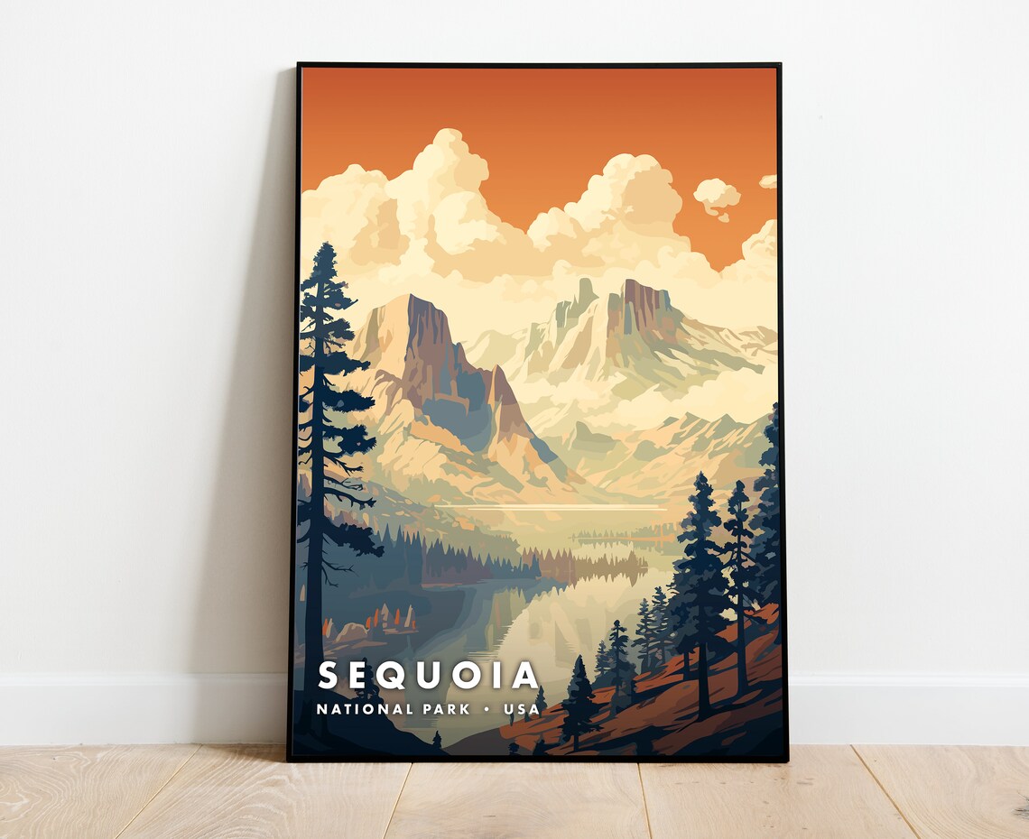 Sequoia National Park USA Sunset Mountain Lake Vintage Landscape Poster